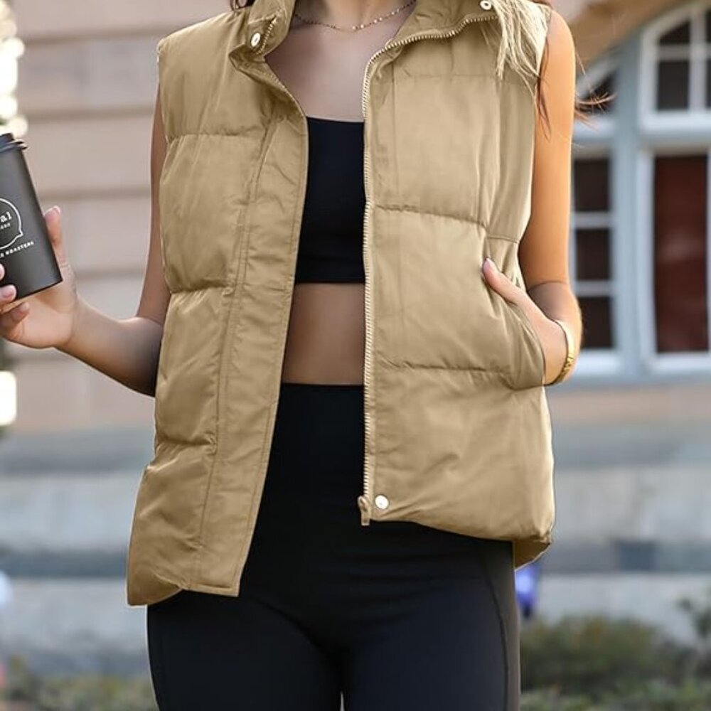 Women Puffer Vest Lightweight Stand Collar Sleeveless Warm Zip Up Padded Pockets